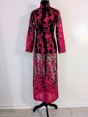 Ao Dai Vietnamese Bold Fuchsia Lace Overlay Sheer Dress
